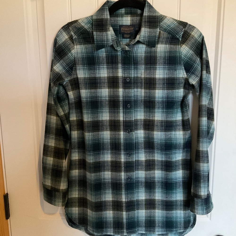 PENDLETON WOMENS 100% WOOL MACHINE WASHABLE BOARD SHIRT BUTTON DOWN CURVED HEM